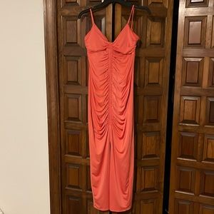 Express Body Contour Ruched Midi Dress With Built-In Shapewear. Coral Orange SM